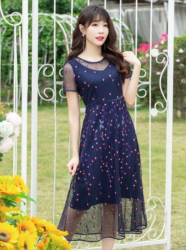 画像2: [送料無料][GINZA COUTURE]ネイビー・半袖・総レース・刺繍・Aライン・ミディアムドレス・ワンピース[即日発送][大きいサイズあり] (2)