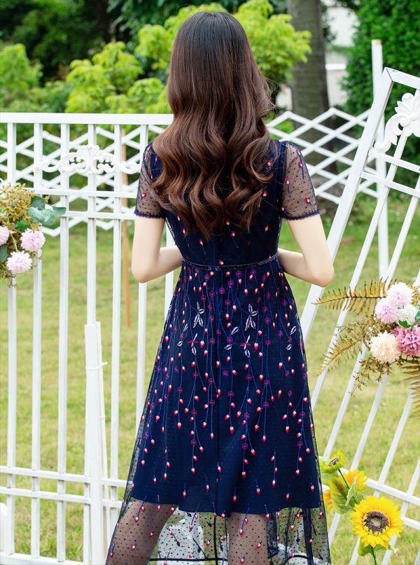 画像4: [送料無料][GINZA COUTURE]ネイビー・半袖・総レース・刺繍・Aライン・ミディアムドレス・ワンピース[即日発送][大きいサイズあり] (4)