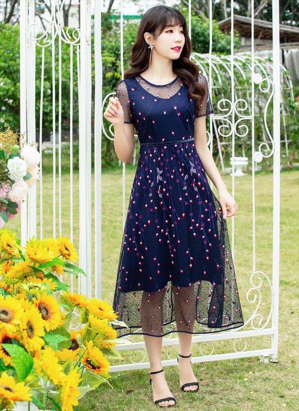 画像6: [送料無料][GINZA COUTURE]ネイビー・半袖・総レース・刺繍・Aライン・ミディアムドレス・ワンピース[即日発送][大きいサイズあり] (6)