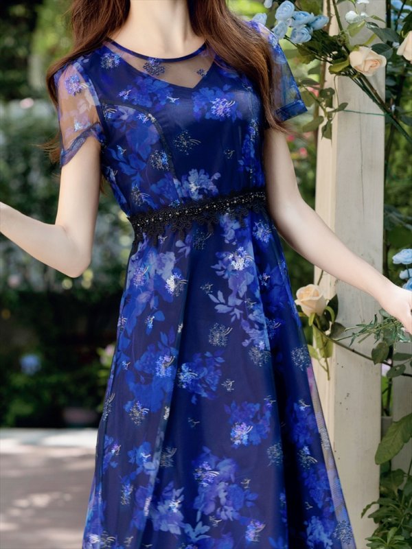 画像3: [送料無料][GINZA COUTURE]ネイビー・ピンク・花柄・半袖・チュール・Aライン・ミディアムドレス・ワンピース[即日発送][大きいサイズあり] (3)