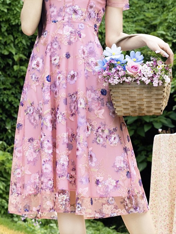 画像5: [送料無料][GINZA COUTURE]ピンク・ブルー・花柄・蝶・刺繍・半袖・チュール・レース・Aライン・ミディアムドレス・ワンピース[即日発送] (5)