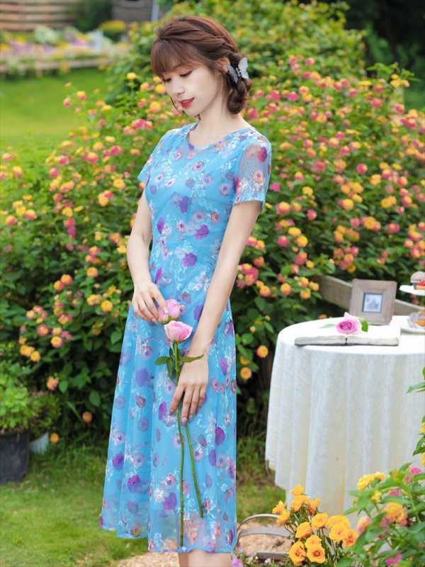 画像2: [送料無料][GINZA COUTURE]ブルー・グリーン・花柄・半袖・チュール・レース・Aライン・ミディアムドレス・ワンピース[即日発送][大きいサイズあり] (2)