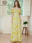 画像1: [送料無料][GINZA COUTURE]イエロー・レッド・シフォン・キャミソール・オフショルダー・花柄・プリント・ロングドレス・ワンピース[即日発送][大きいサイズあり] (1)