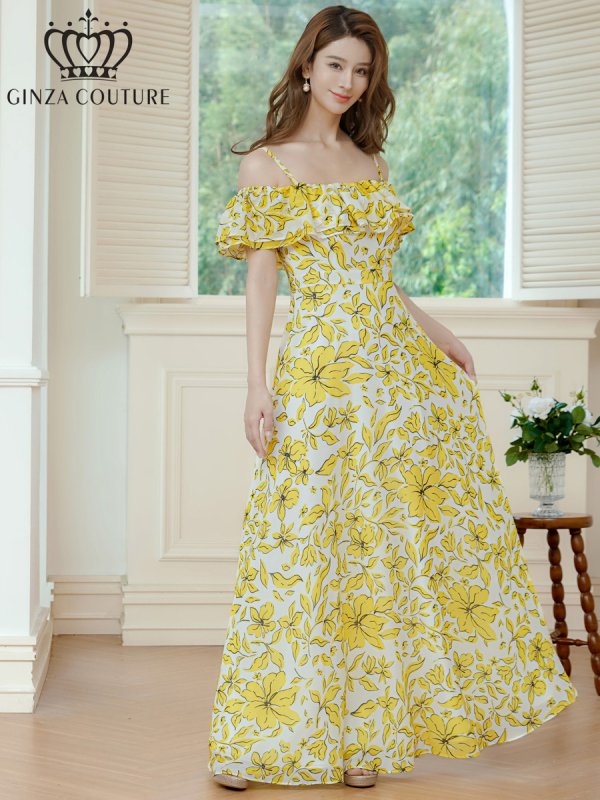 画像2: [送料無料][GINZA COUTURE]イエロー・レッド・シフォン・キャミソール・オフショルダー・花柄・プリント・ワンピース・ロングドレス[即日発送][大きいサイズあり] (2)
