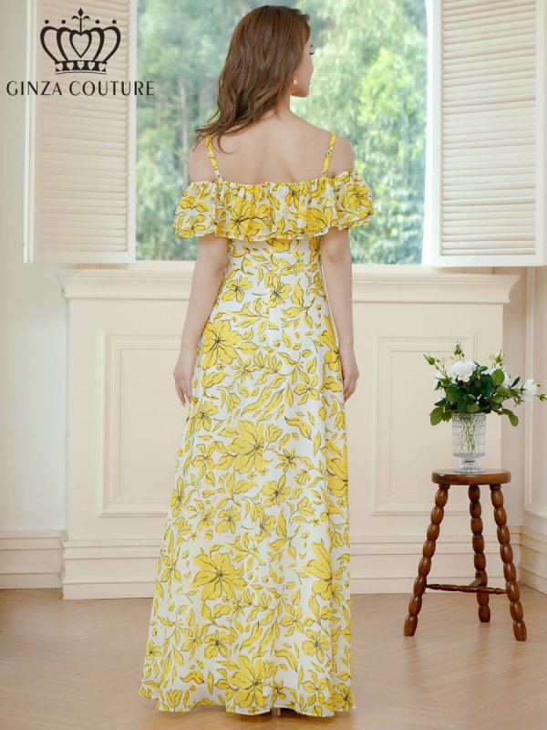 画像3: [送料無料][GINZA COUTURE]イエロー・レッド・シフォン・キャミソール・オフショルダー・花柄・プリント・ワンピース・ロングドレス[即日発送][大きいサイズあり] (3)