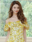 画像4: [送料無料][GINZA COUTURE]イエロー・レッド・シフォン・キャミソール・オフショルダー・花柄・プリント・ロングドレス・ワンピース[即日発送][大きいサイズあり] (4)