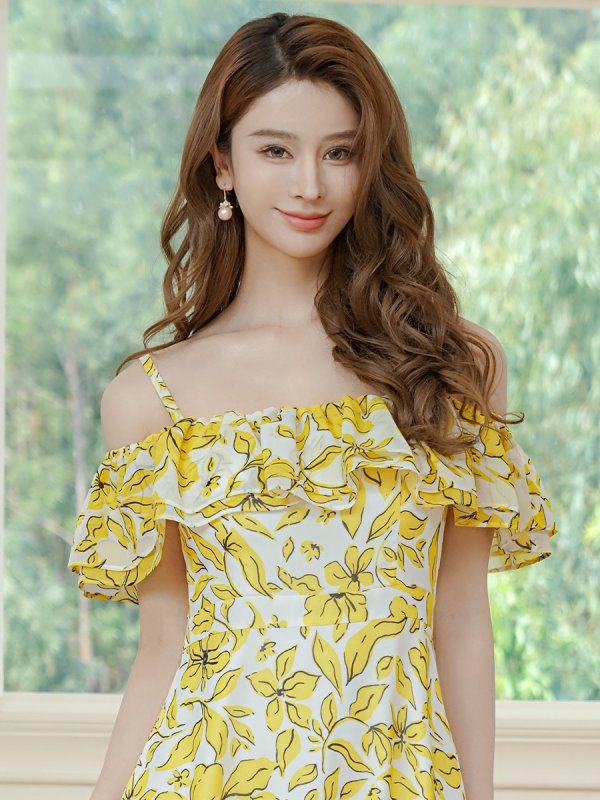 画像4: [送料無料][GINZA COUTURE]イエロー・レッド・シフォン・キャミソール・オフショルダー・花柄・プリント・ワンピース・ロングドレス[即日発送][大きいサイズあり] (4)