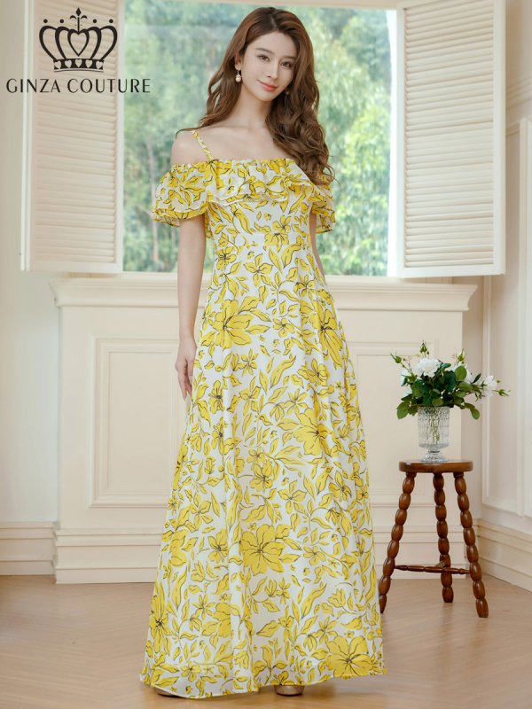 画像5: [送料無料][GINZA COUTURE]イエロー・レッド・シフォン・キャミソール・オフショルダー・花柄・プリント・ワンピース・ロングドレス[即日発送][大きいサイズあり] (5)