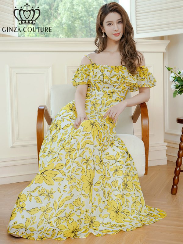 画像6: [送料無料][GINZA COUTURE]イエロー・レッド・シフォン・キャミソール・オフショルダー・花柄・プリント・ワンピース・ロングドレス[即日発送][大きいサイズあり] (6)