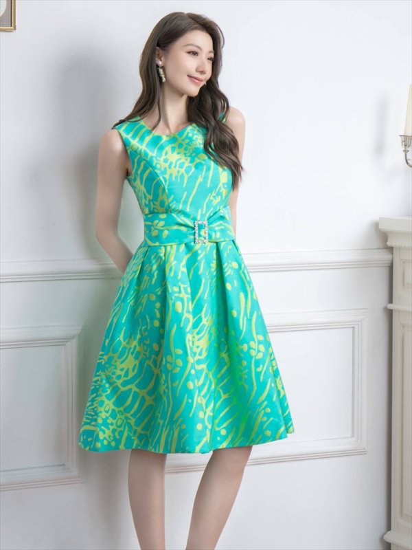 画像8: [送料無料][GINZA COUTURE]イエロー・グリーン・プリント・パールビジュー・ウエストマーク・ノースリーブ・フレア・Aライン・ミディアムドレス・ワンピース [即日発送][大きいサイズあり] (8)