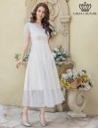 画像1: [送料無料][GINZA COUTURE]ホワイト・ブラック・ワインレッド・ピンク・総レース・ラインストーン・Vネック・半袖・ハイウエスト・Aライン・ミディアムドレス・ワンピース[即日発送][大きいサイズあり] (1)