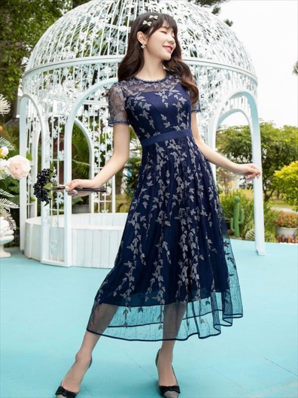 画像5: [送料無料][GINZA COUTURE]ネイビー・蔦柄・半袖・レース・チュール・Aライン・ミディアムドレス・ワンピース[即日発送][大きいサイズあり] (5)