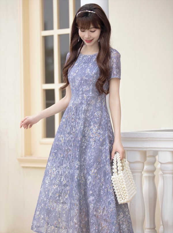 画像2: [送料無料][GINZA COUTURE]グレー・半袖・フラワープリント・総レース・Aライン・ミディアムドレス・ワンピース[即日発送][大きいサイズあり] (2)