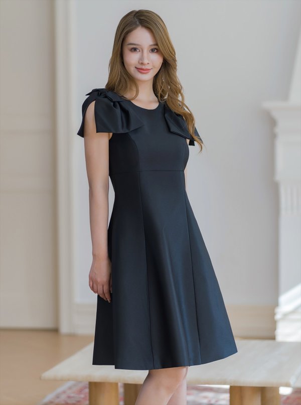 画像8: [送料無料][GINZA COUTURE]ワインレッド・ブラック・レッド・ピンク・ベージュ・半袖・シンプル・Ａライン・リボン・ミディアムドレス・ワンピース[即日発送][大きいサイズあり] (8)