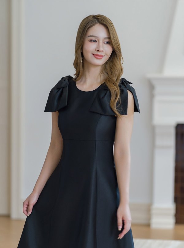 画像10: [送料無料][GINZA COUTURE]ワインレッド・ブラック・レッド・ピンク・ベージュ・半袖・シンプル・Ａライン・リボン・ミディアムドレス・ワンピース[即日発送][大きいサイズあり] (10)