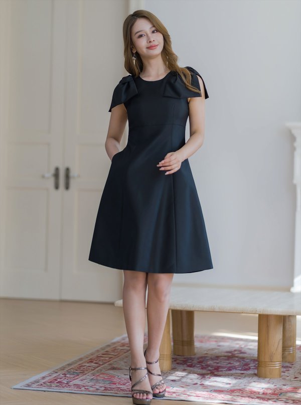 画像11: [送料無料][GINZA COUTURE]ワインレッド・ブラック・レッド・ピンク・ベージュ・半袖・シンプル・Ａライン・リボン・ミディアムドレス・ワンピース[即日発送][大きいサイズあり] (11)