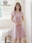画像1: [送料無料][GINZA COUTURE]ピンク・ベージュ・レッド・ブラック ・ワインレッド・半袖・シンプル ・Ａライン・リボン・ミディアムドレス・ワンピース[即日発送][大きいサイズあり] (1)