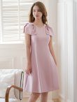 画像2: [送料無料][GINZA COUTURE]ピンク・ベージュ・レッド・ブラック ・ワインレッド・半袖・シンプル ・Ａライン・リボン・ミディアムドレス・ワンピース[即日発送][大きいサイズあり] (2)