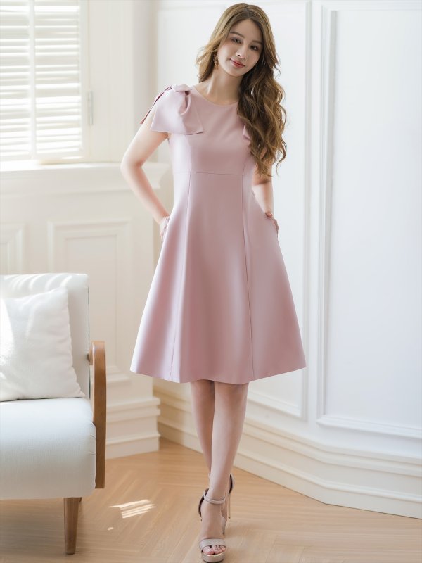 画像5: [送料無料][GINZA COUTURE]ピンク・ベージュ・レッド・ブラック ・ワインレッド・半袖・シンプル ・Ａライン・リボン・ミディアムドレス・ワンピース[即日発送][大きいサイズあり] (5)