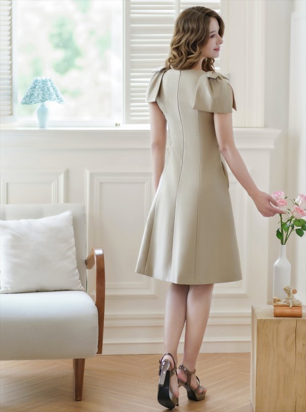 画像9: [送料無料][GINZA COUTURE]ピンク・ベージュ・レッド・ブラック ・ワインレッド・半袖・シンプル ・Ａライン・リボン・ミディアムドレス・ワンピース[即日発送][大きいサイズあり] (9)