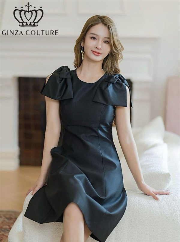 画像1: [送料無料][GINZA COUTURE]ブラック・レッド・ピンク・ベージュ・ワインレッド・半袖・シンプル・Ａライン・リボン・ミディアムドレス・ワンピース[即日発送][大きいサイズあり] (1)