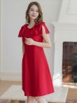 画像4: [送料無料][GINZA COUTURE]レッド・ピンク・ベージュ・ブラック・ワインレッド・半袖・シンプル・Ａライン・リボン・ミディアムドレス・ワンピース[即日発送][大きいサイズあり] (4)