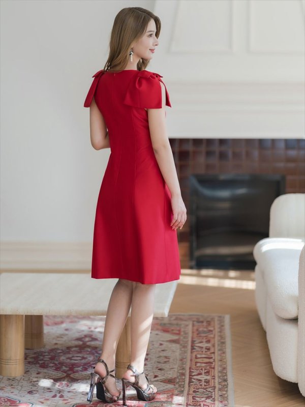 画像5: [送料無料][GINZA COUTURE]レッド・ピンク・ベージュ・ブラック・ワインレッド・半袖・シンプル・Ａライン・リボン・ミディアムドレス・ワンピース[即日発送][大きいサイズあり] (5)