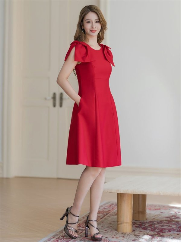 画像6: [送料無料][GINZA COUTURE]レッド・ピンク・ベージュ・ブラック・ワインレッド・半袖・シンプル・Ａライン・リボン・ミディアムドレス・ワンピース[即日発送][大きいサイズあり] (6)