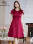 画像18: [送料無料][GINZA COUTURE]ピンク・ベージュ・レッド・ブラック ・ワインレッド・半袖・シンプル ・Ａライン・リボン・ミディアムドレス・ワンピース[即日発送][大きいサイズあり] (18)