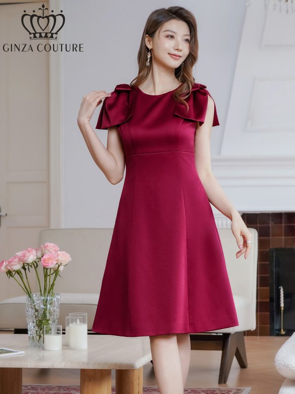 画像2: [送料無料][GINZA COUTURE]ワインレッド・ブラック・レッド・ピンク・ベージュ・半袖・シンプル・Ａライン・リボン・ミディアムドレス・ワンピース[即日発送][大きいサイズあり] (2)