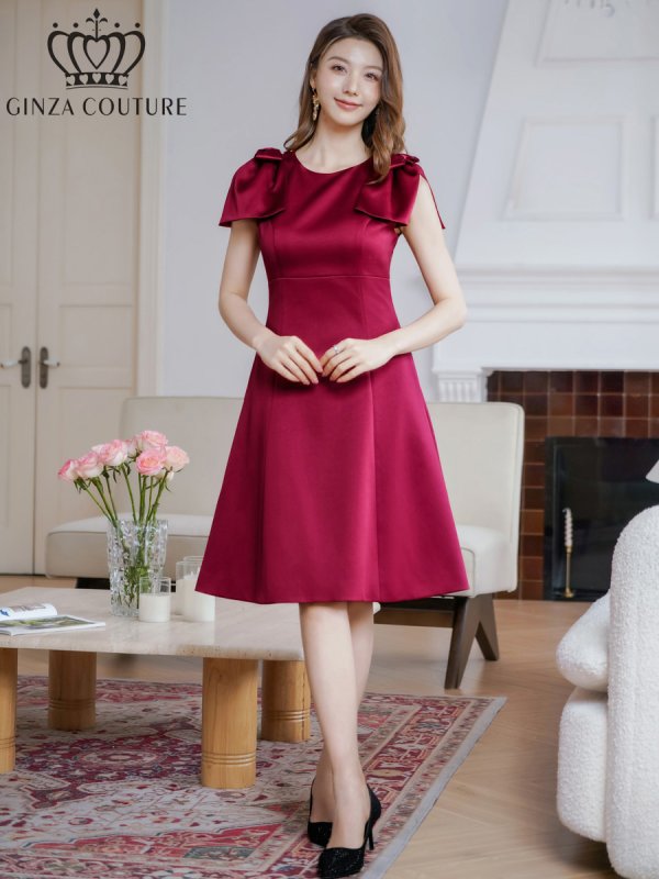 画像5: [送料無料][GINZA COUTURE]ワインレッド・ブラック・レッド・ピンク・ベージュ・半袖・シンプル・Ａライン・リボン・ミディアムドレス・ワンピース[即日発送][大きいサイズあり] (5)