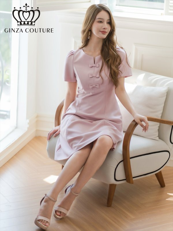 画像1: [送料無料][GINZA COUTURE]ピンク・レッド・半袖・シンプル・リボン・Ａライン・膝丈・ワンピース[即日発送][大きいサイズあり] (1)