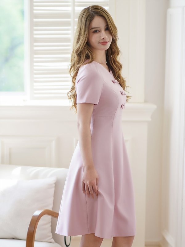 画像2: [送料無料][GINZA COUTURE]ピンク・レッド・半袖・シンプル・リボン・Ａライン・ミディアムドレス・ワンピース[即日発送][大きいサイズあり] (2)