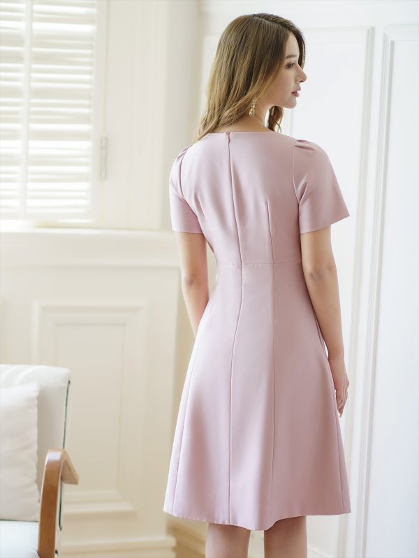 画像3: [送料無料][GINZA COUTURE]ピンク・レッド・半袖・シンプル・リボン・Ａライン・ミディアムドレス・ワンピース[即日発送][大きいサイズあり] (3)