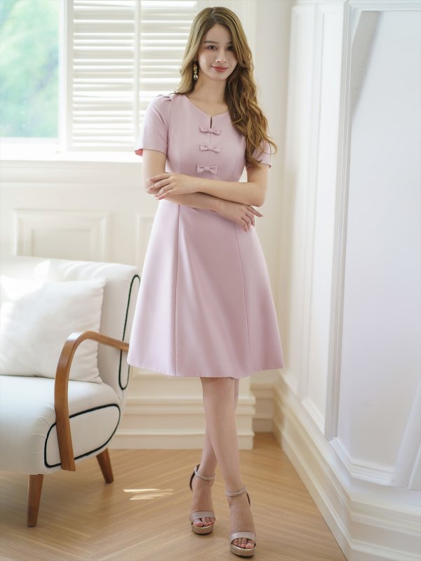 画像5: [送料無料][GINZA COUTURE]ピンク・レッド・半袖・シンプル・リボン・Ａライン・ミディアムドレス・ワンピース[即日発送][大きいサイズあり] (5)