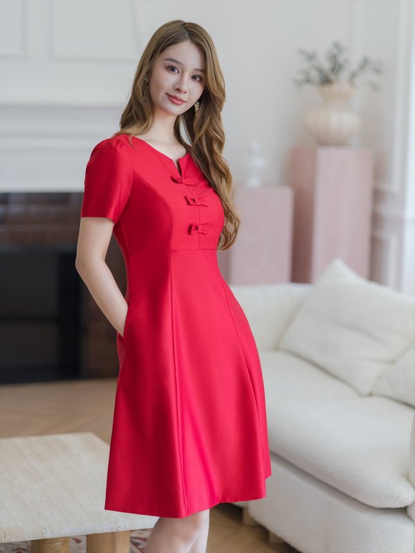 画像8: [送料無料][GINZA COUTURE]ピンク・レッド・半袖・シンプル・リボン・Ａライン・ミディアムドレス・ワンピース[即日発送][大きいサイズあり] (8)