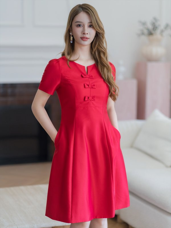 画像10: [送料無料][GINZA COUTURE]ピンク・レッド・半袖・シンプル・リボン・Ａライン・ミディアムドレス・ワンピース[即日発送][大きいサイズあり] (10)