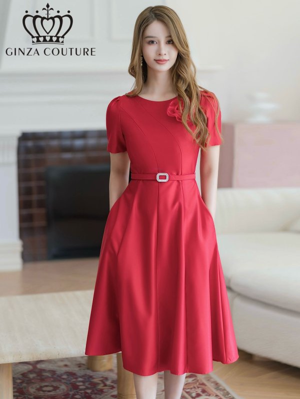 画像1: [送料無料][GINZA COUTURE]レッド・ピンク・ホワイト・半袖・シンプル・コサージュ・Ａライン・ミディアムドレス・ワンピース[即日発送][大きいサイズあり] (1)