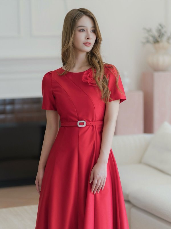 画像10: [送料無料][GINZA COUTURE]ホワイト・レッド・ピンク・半袖・シンプル・コサージュ・Ａライン・ミディアムドレス・ワンピース[即日発送][大きいサイズあり] (10)