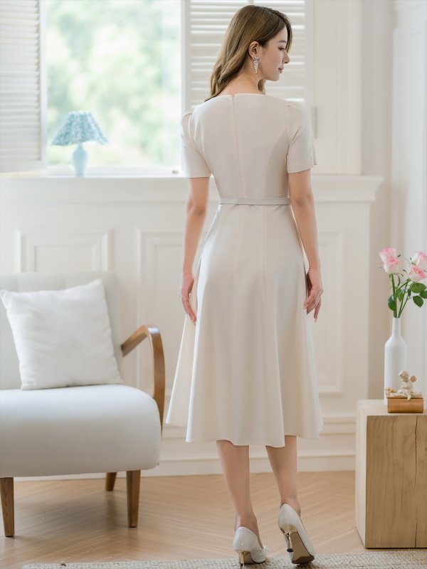 画像3: [送料無料][GINZA COUTURE]ホワイト・レッド・ピンク・半袖・シンプル・コサージュ・Ａライン・ミディアムドレス・ワンピース[即日発送][大きいサイズあり] (3)