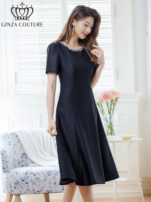 画像8: [送料無料][GINZA COUTURE]ピンク・ネイビー・半袖・ビジュー・ポケット・シンプル・Aライン・ミディアムドレス・ワンピース[即日発送][大きいサイズあり] (8)