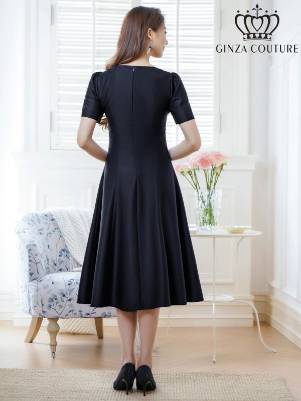 画像9: [送料無料][GINZA COUTURE]ピンク・ネイビー・半袖・ビジュー・ポケット・シンプル・Aライン・ミディアムドレス・ワンピース[即日発送][大きいサイズあり] (9)