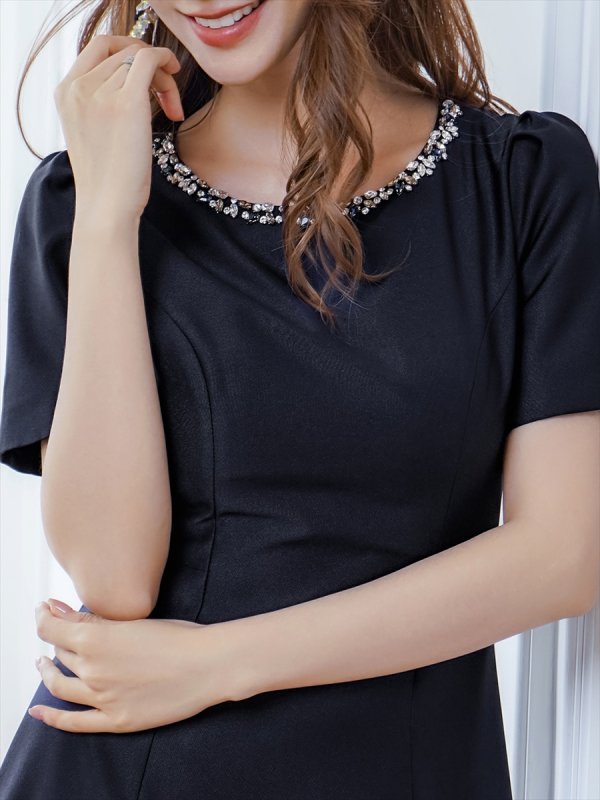 画像10: [送料無料][GINZA COUTURE]ピンク・ネイビー・半袖・ビジュー・ポケット・シンプル・Aライン・ミディアムドレス・ワンピース[即日発送][大きいサイズあり] (10)