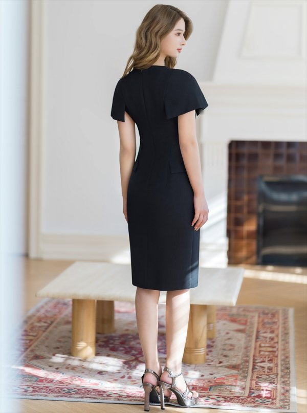 画像3: [送料無料][GINZA COUTURE]ブラック・シンプル・半袖・Vネック・無地・タイト・ミディアムドレス・ワンピース[即日発送][大きいサイズあり] (3)