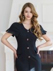 画像4: [送料無料][GINZA COUTURE]ブラック・シンプル・半袖・Vネック・無地・タイト・ミディアムドレス・ワンピース[即日発送][大きいサイズあり] (4)