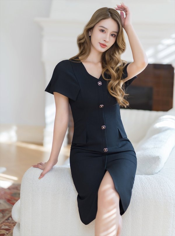 画像6: [送料無料][GINZA COUTURE]ブラック・シンプル・半袖・Vネック・無地・タイト・ミディアムドレス・ワンピース[即日発送][大きいサイズあり] (6)