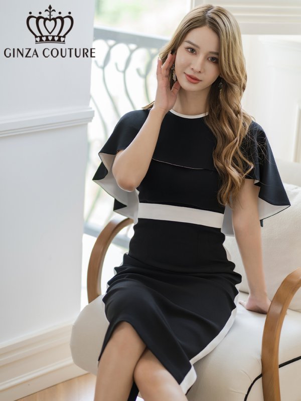 画像1: [送料無料][GINZA COUTURE]ブラック×ホワイト・ベージュ×ブラック・バイカラー・ケープ付き・切替・タイト・ミディアムドレス・ワンピース[即日発送][大きいサイズあり] (1)