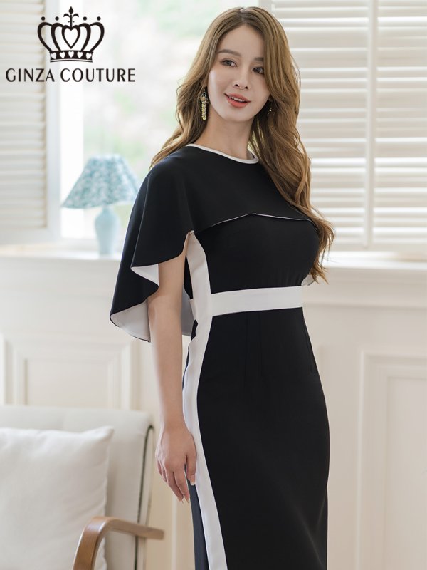 画像4: [送料無料][GINZA COUTURE]ブラック×ホワイト・ベージュ×ブラック・バイカラー・ケープ付き・切替・タイト・ミディアムドレス・ワンピース[即日発送][大きいサイズあり] (4)