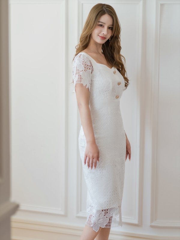 画像8: [送料無料][GINZA COUTURE]ブラック・ホワイト・タイト・レース・シンプル・半袖・ミディアムドレス・ワンピース[即日発送][大きいサイズあり] (8)