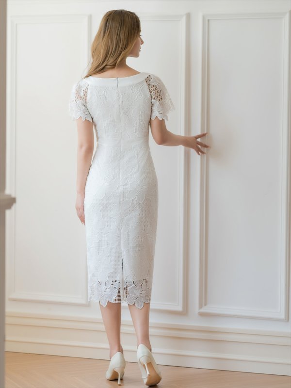 画像9: [送料無料][GINZA COUTURE]ブラック・ホワイト・タイト・レース・シンプル・半袖・ミディアムドレス・ワンピース[即日発送][大きいサイズあり] (9)